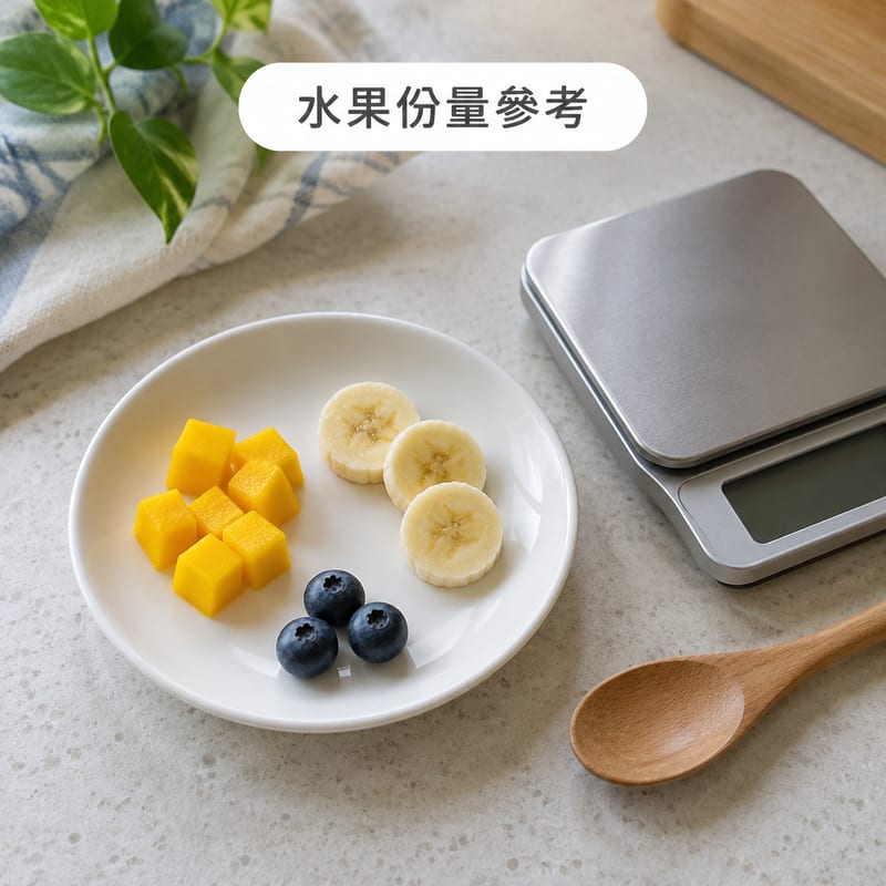 白色小碟放住切細嘅芒果粒、香蕉片同幾粒藍莓,旁邊有一個廚房電子磅顯示份量