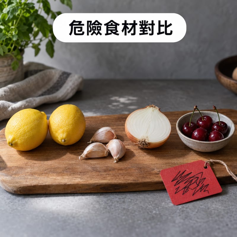 木砧板上並排放住檸檬、蒜瓣、洋蔥同一小碟櫻桃,旁邊有一張紅色警告標籤