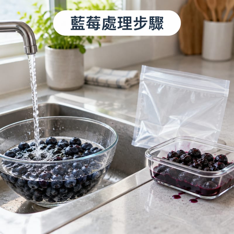 一碗新鮮藍莓正喺水喉下沖洗,旁邊有一個密封冷凍袋同一盒解凍後嘅藍莓