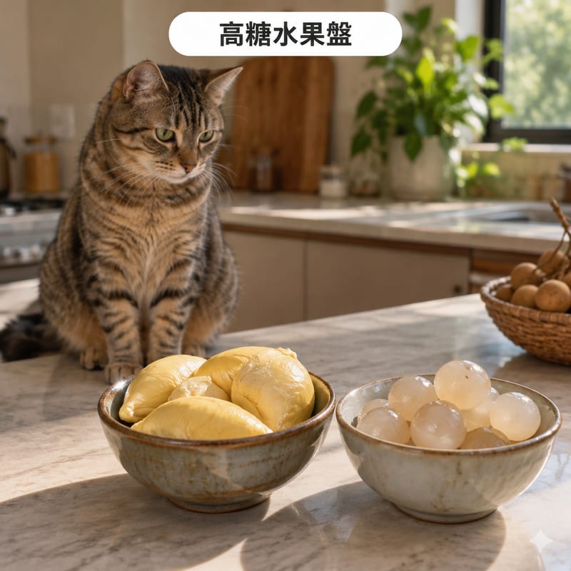廚房檯面小陶瓷碗分裝切好嘅榴槤同龍眼果肉,一隻貓喺旁邊坐低望住