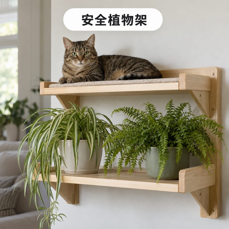 室內貓爬架分層放置吊蘭同波士頓蕨等對貓安全嘅植物,一隻貓喺最高層休息
