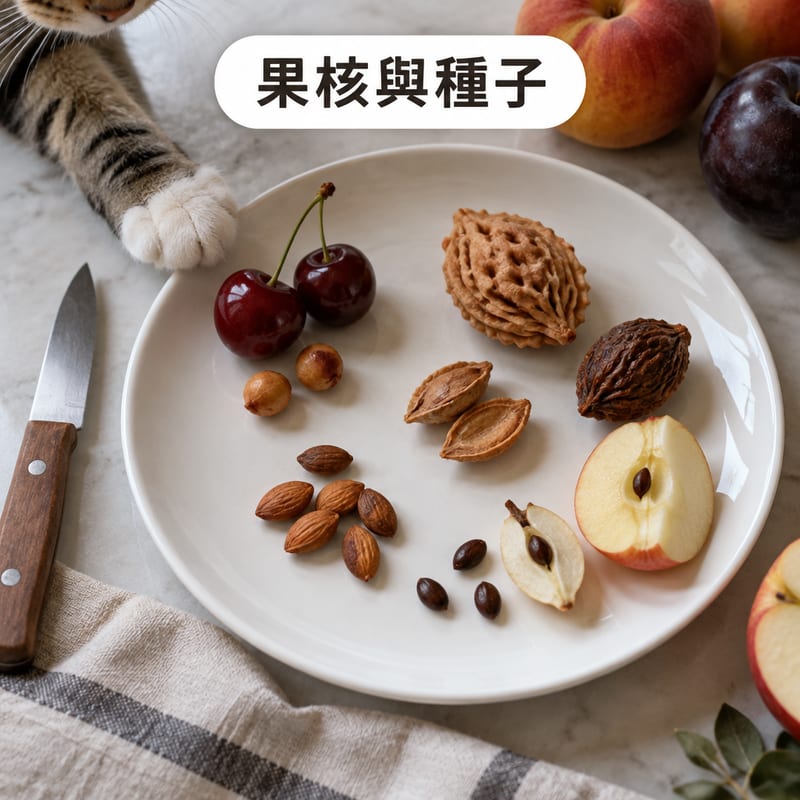 白色瓷碟上排列住車厘子核、水蜜桃核、李子核同幾粒蘋果籽,旁邊有一把水果刀同一隻貓嘅前爪伸向碟邊