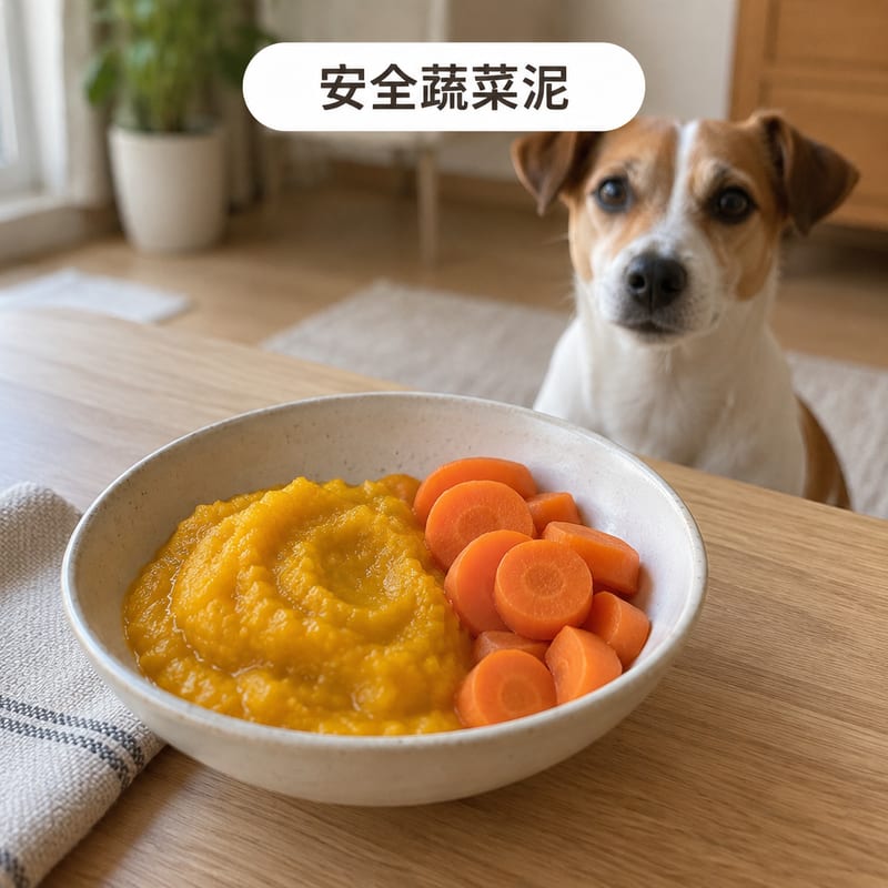 一碗蒸熟壓成泥嘅南瓜同一碟蒸熟嘅胡蘿蔔片放喺木檯上,旁邊有一隻小型犬安靜坐住等候