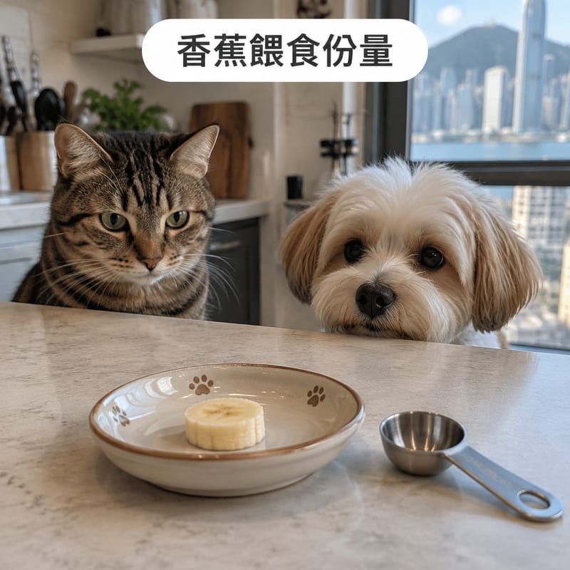 白色陶瓷小碟放住一片去皮香蕉同一隻量匙,一隻唐貓同一隻小型犬喺香港家居廚房背景望住小碟