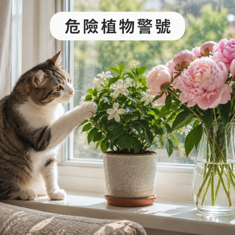 窗台上放住一盆茉莉花同一瓶芍藥花,一隻貓好奇伸出前爪想掂樹葉,屬家居植物中毒風險情境