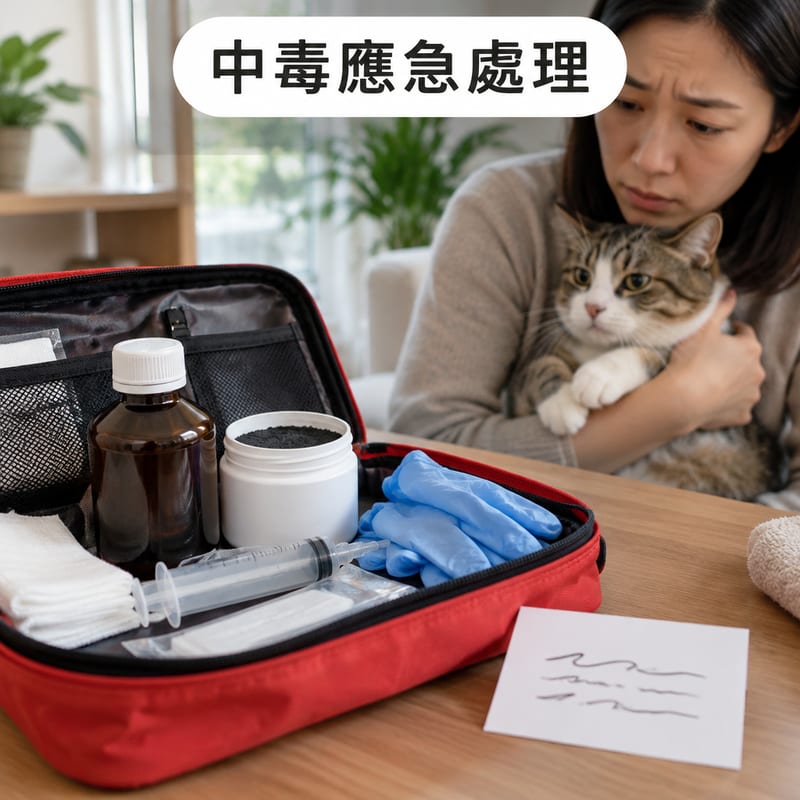 寵物急救箱放喺枱上,內有雙氧水、活性炭、針筒同手套,旁邊有一張寫住獸醫診所電話嘅卡片,主人擔心咁抱住一隻貓