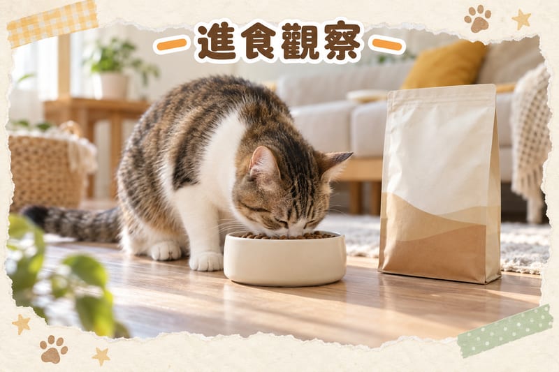 一隻貓喺白色陶瓷碗前低頭進食,旁邊放住一包貓糧同一張印有營養成分表嘅紙