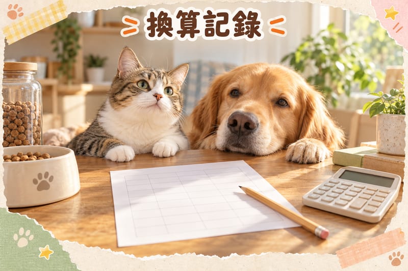 一張影印嘅貓糧成分表放喺木枱上,旁邊有一支鉛筆同一個計數機,紙上有手寫嘅換算數字