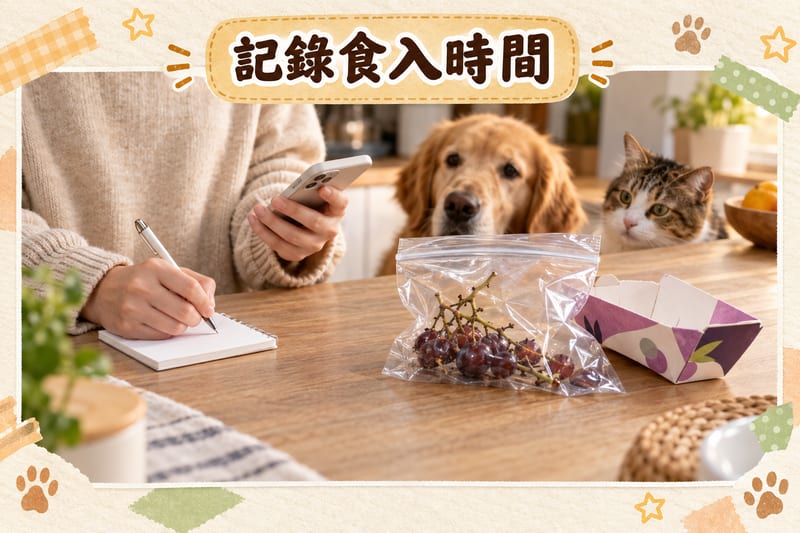 誤食葡萄後主人用手機記錄食入時間同數量,旁邊放住裝有葡萄殘餘物嘅密實袋