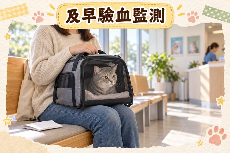 誤食後及早帶貓咪到獸醫診所驗血監測腎功能,主人手提外出籠等候