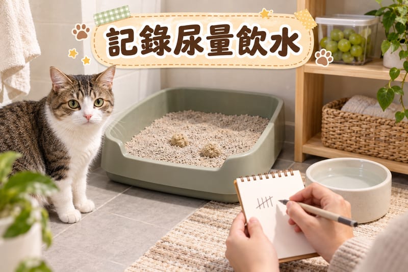 誤食後返家觀察期示意:主人每日記錄貓咪尿塊數目同飲水量,枱面放住密封嘅生果盒
