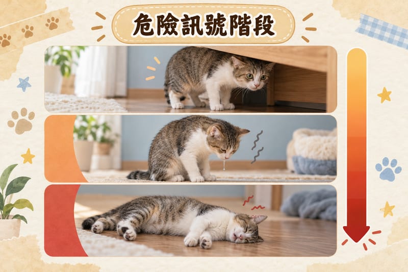 貓咪低血糖三階段訊號對照示意,由早期精神轉差、中期站唔穩到嚴重抽搐昏迷逐級排列