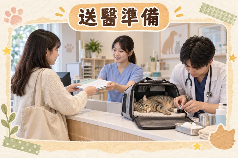 主人喺獸醫診所登記處交低胰島素紀錄紙同藥物清單,獸醫助手即時為側躺嘅短毛家貓戴上監測儀器