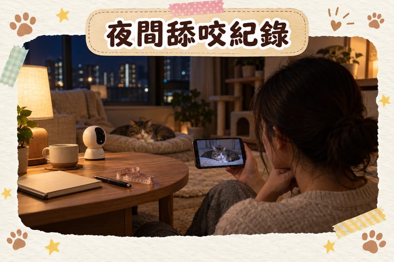 主人翻看寵物攝影機畫面，檢查貓咪夜間有冇舔咬腹部傷口，旁邊放有記錄紙同軟尺