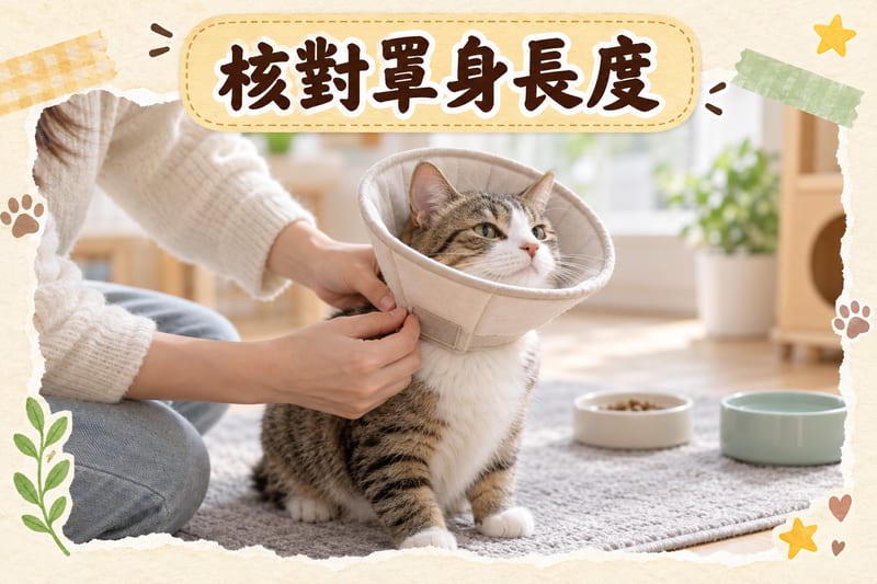 主人替短毛家貓試戴軟身防舔頭罩，檢查罩邊對正鼻尖，貓咪坐喺淺色地墊上