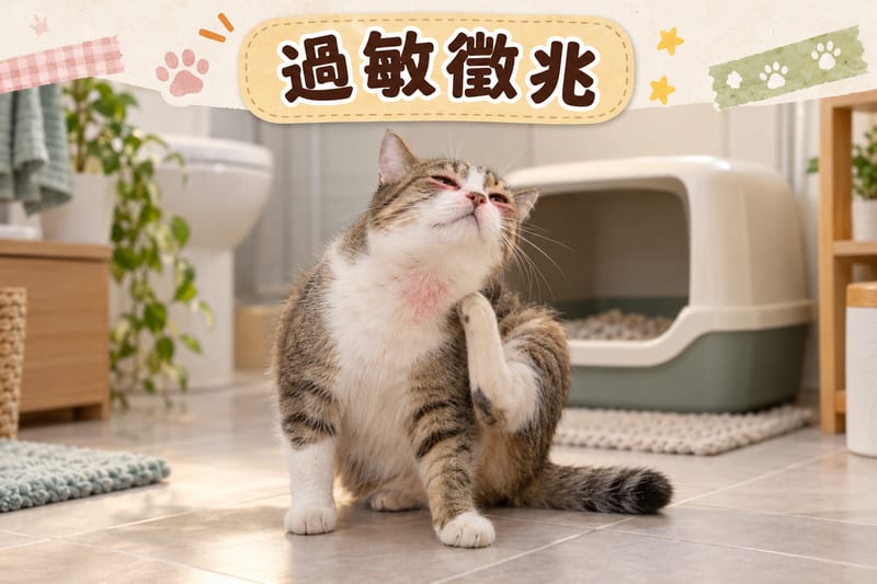 貓咪下巴同頸部脫毛、離開砂盆即刻舔爪嘅皮膚同行為徵兆示意