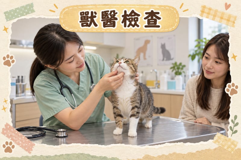 獸醫檢查貓咪下巴同頸部皮膚，並用聽診器檢查呼吸道