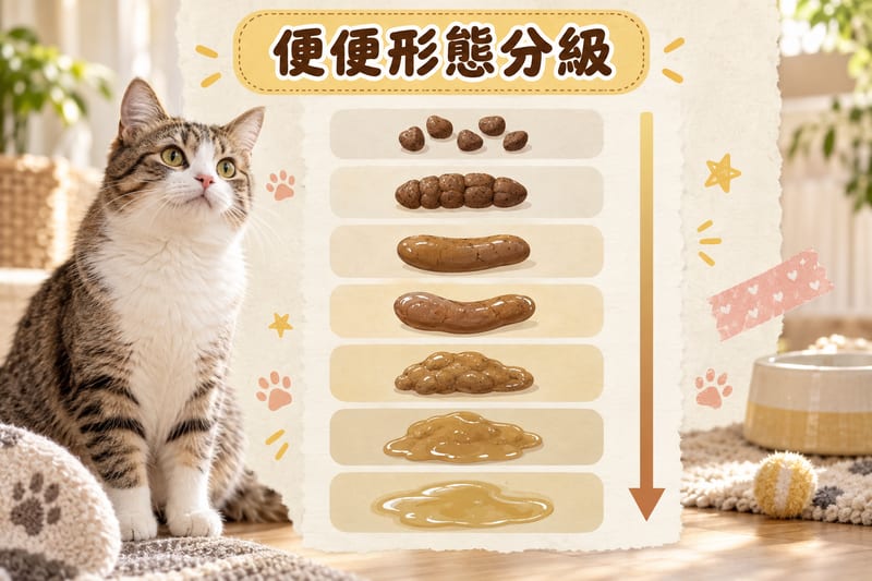 貓咪便便形態對照表，由成形到果凍狀黏液逐級展示