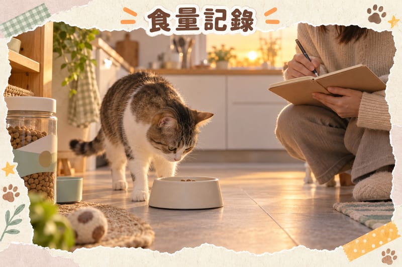 cat-picky-eater-guide-hk 知識圖卡:貓主蹲喺廚房記錄食量同觀察口腔