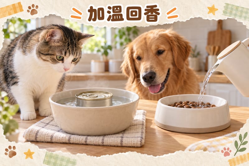 cat-picky-eater-guide-hk 知識圖卡:罐頭坐暖水回溫同乾糧加溫水兩種做法並排