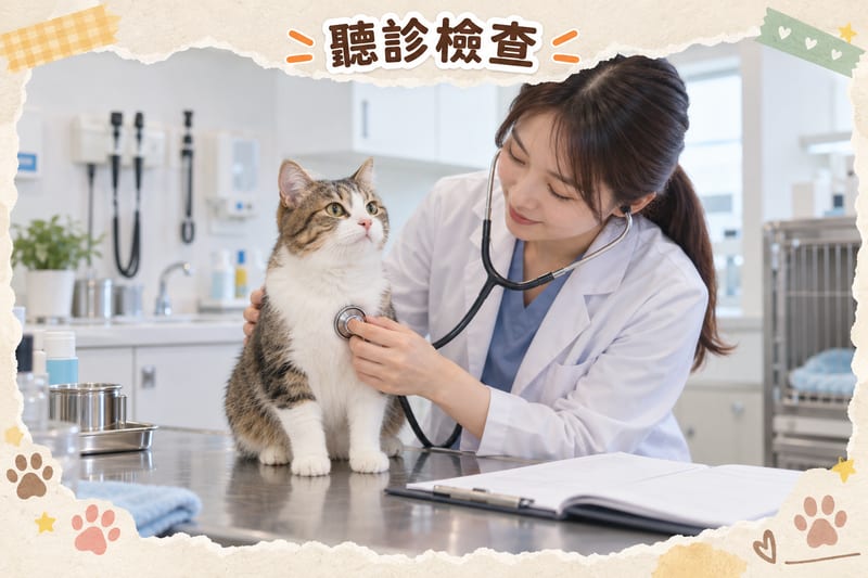 貓咪血鉀異常 成因分類示意:獸醫為貓聽診心臟並同時翻閱血液檢查報告
