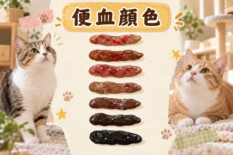 貓咪便血顏色對照,由鮮紅血絲到黑色柏油狀逐級展示