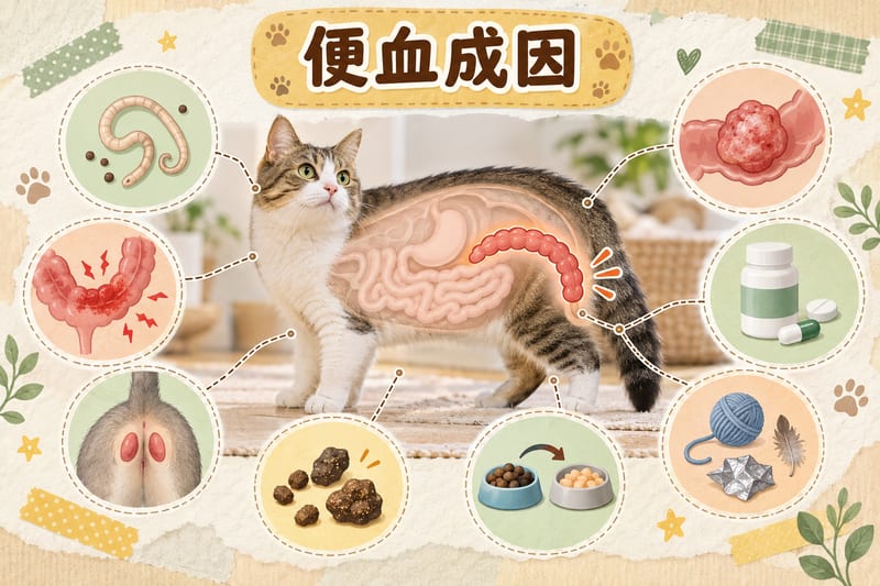 貓咪血絲黏液便成因示意,由寄生蟲、大腸炎到異物逐項對照