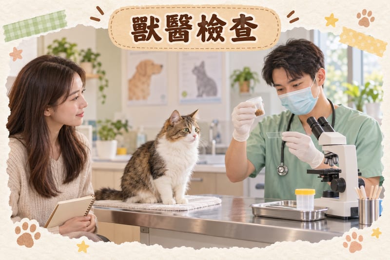 獸醫診所檢查室內獸醫用顯微鏡檢查貓咪糞便樣本,主人喺旁邊等候