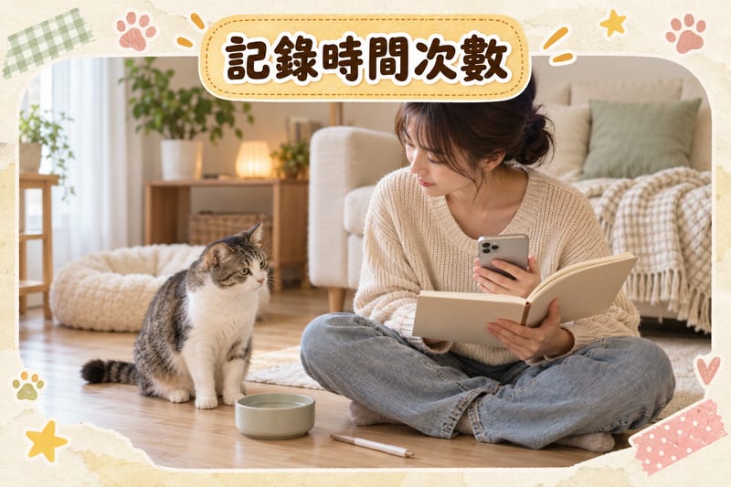客廳地板上短毛家貓坐喺主人身旁,主人手持一本記錄簿同手機,寫低嘔吐時間同次數,旁邊放住一支筆同一碗清水