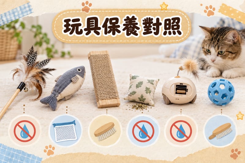 六類常見貓玩具並排展示清潔保養方法對照,包括羽毛逗貓棒、布絨魚形玩具、劍麻繩貓抓板、貓薄荷玩具、電動玩具同橡膠球