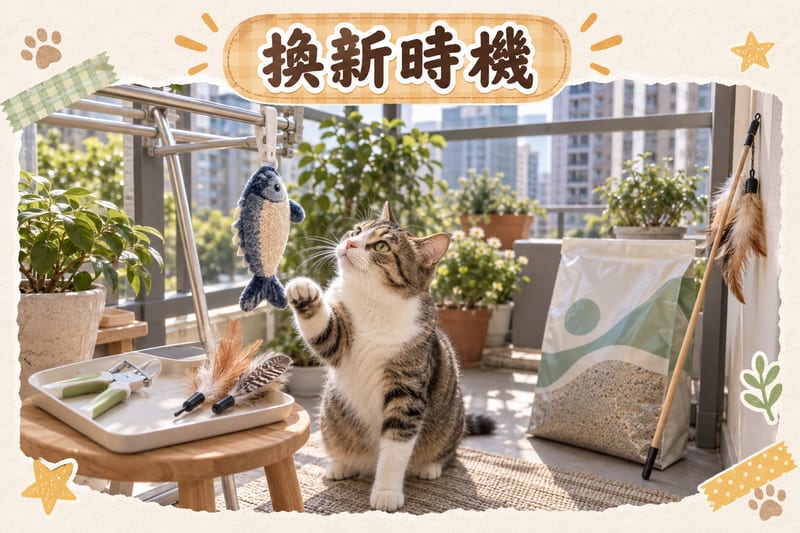 香港單位陽台晾架上掛住洗完嘅布絨魚形貓玩具,旁邊有爪剪、備用羽毛棒頭同粗顆粒貓砂袋