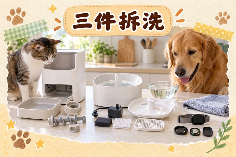 廚房枱面上拆開清洗嘅智能餵食器、飲水機同追蹤器三個裝置