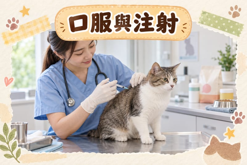 貓咪維生素B12補充劑口服與注射形式對比,獸醫診所內由獸醫評估後執行注射,家居則由主人按指示混合口服補充品