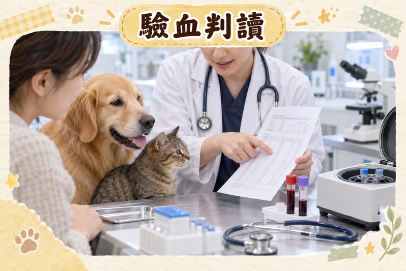 驗血報告判讀場景,獸醫手持貓咪血清B12同葉酸化驗報告向主人解釋數值,枱上放住血液樣本試管同聽診器