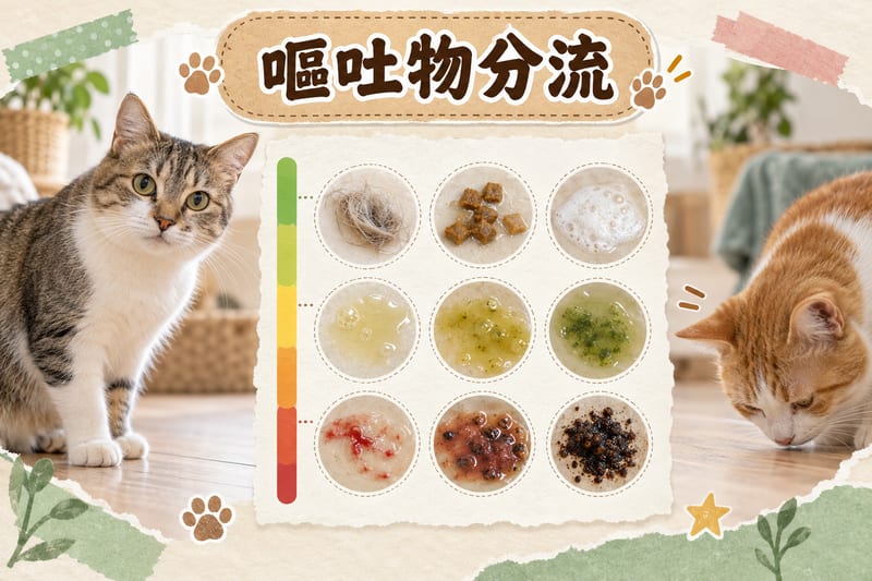 貓咪嘔吐物顏色分流示意,由毛球、白色泡沫到黃綠膽汁同血絲逐項對照