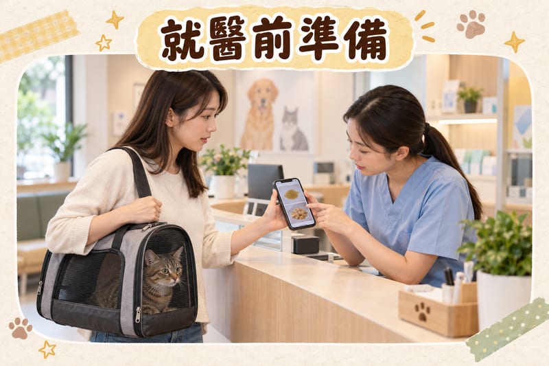 主人帶貓籠喺獸醫診所登記,獸醫助手接過手機睇嘔吐物相片