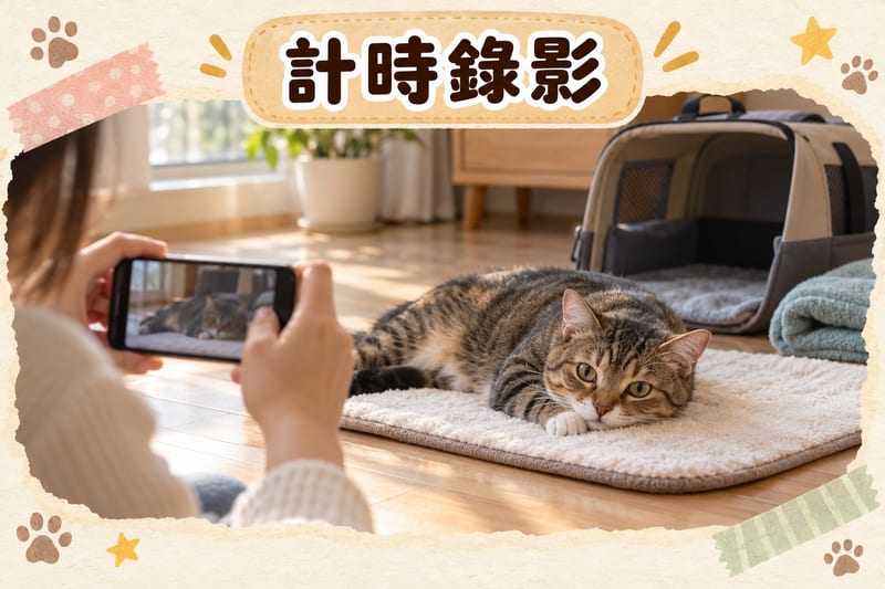 香港單位客廳地上，主人用手機計時同錄影抽搐後側躺嘅短毛虎斑貓，旁邊放住墊好毛巾嘅寵物籠