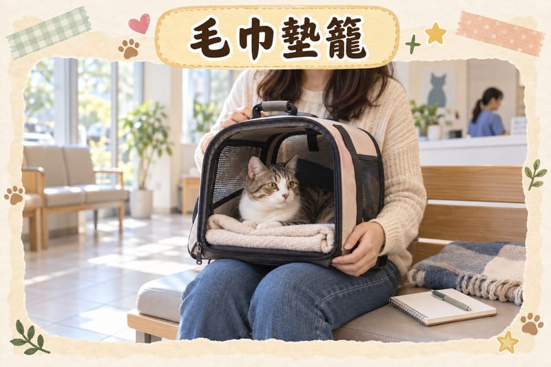 獸醫診所候診區，主人雙手捧住寵物籠坐喺長椅上，籠內短毛家貓側躺喺毛巾上，旁邊放住手寫紀錄嘅記事簿