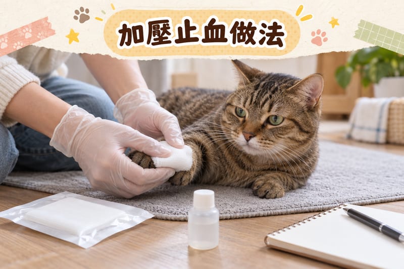 主人喺地板上為短毛家貓前腳加壓止血,手掌輕按紗布,旁邊放有未開封嘅紗布包、手套同記錄紙
