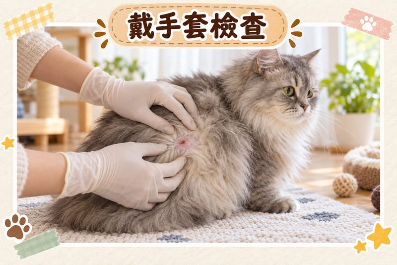 主人戴住即棄手套輕摸長毛貓腰側,比較傷口兩邊皮膚溫度同腫脹程度