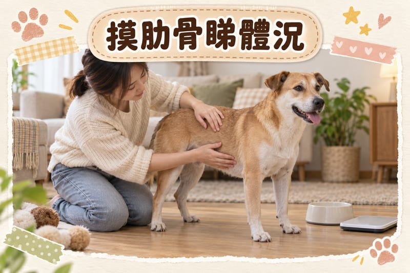 主人用手摸狗狗肋骨位置做體況評分,狗狗企喺香港家中客廳地板,旁邊放住一個空碗同一部電子磅