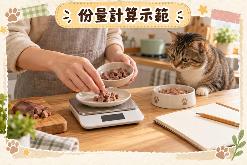 主人用廚房電子磅秤一小碟熟雞肝粒,旁邊有記錄表同主食罐