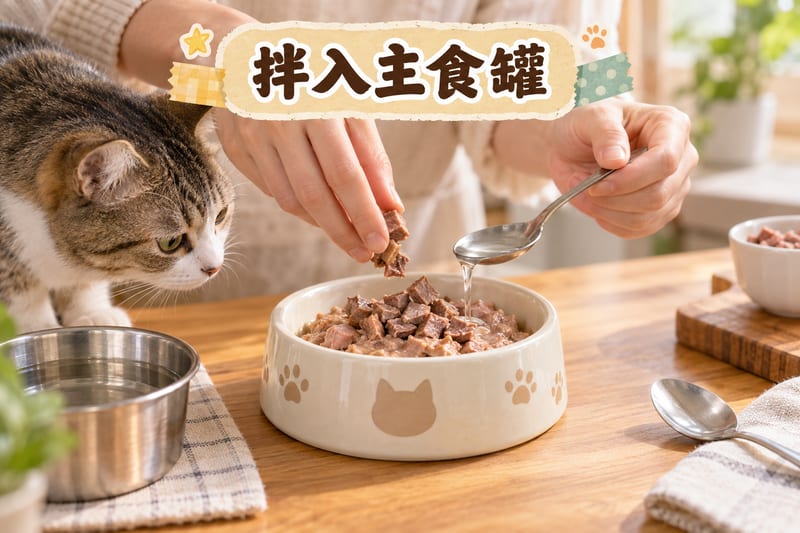 主人把切粒雞肝拌入主食罐濕糧,陶瓷碗放在廚房檯面,旁邊有電子磅