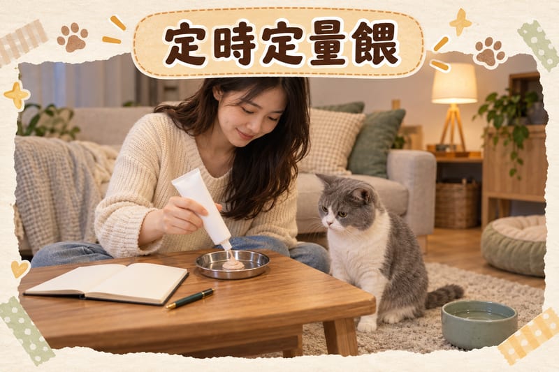 主人坐在客廳地板上用定時定量方式餵貓肉泥,旁邊有記錄本同電子磅