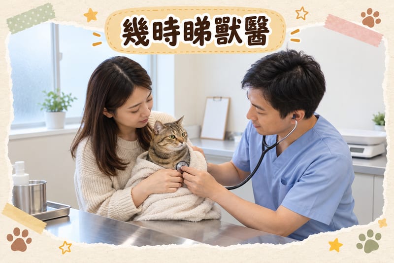 主人帶貓到獸醫診所覆診,獸醫在診檯上為貓磅重並查看記錄表