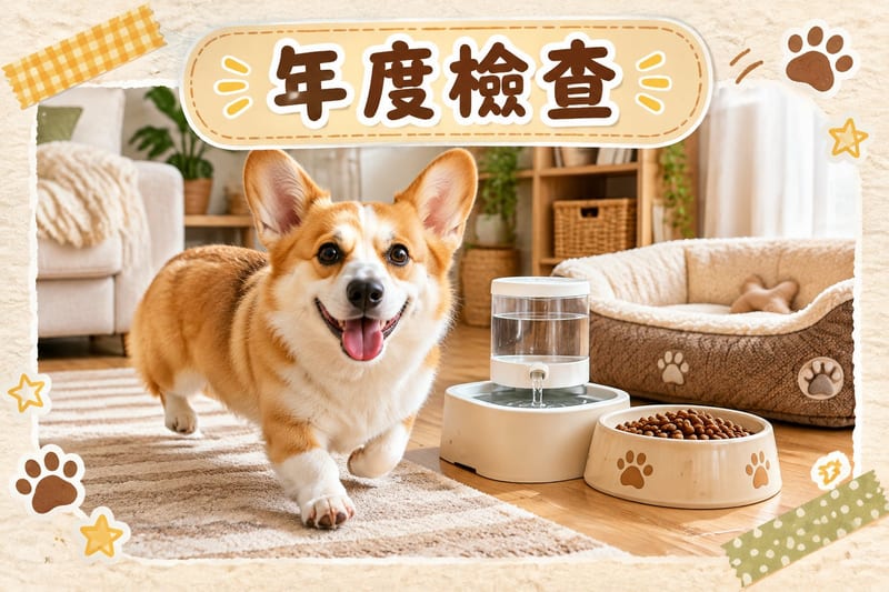 老年柯基喺家中小睡，陽光斜照，身旁放住定時飲水機同軟墊，安詳場景
