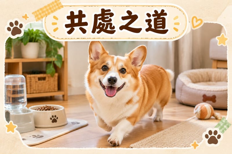 柯基幼犬同成年貴婦狗喺草地互聞打招呼,主人喺旁牽繩觀察,場景溫馨