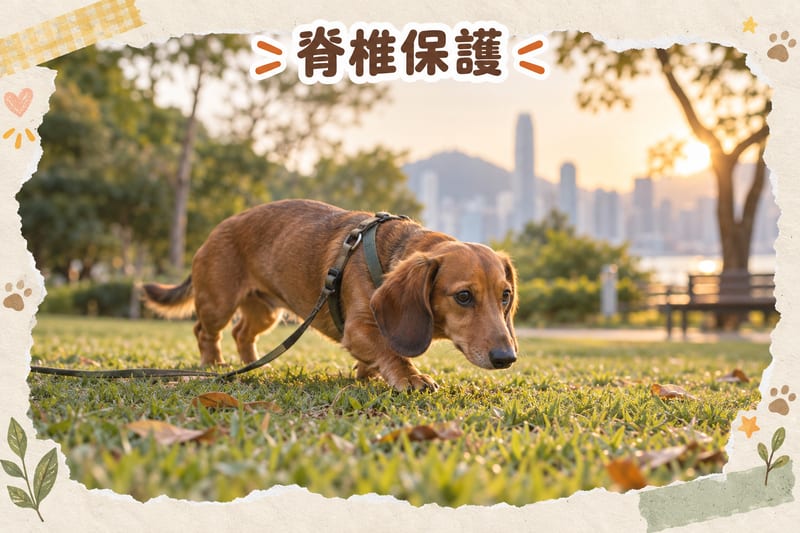 Dachshund wearing a harness walking on an estate podium, owner holding the leash alongside