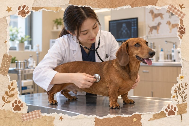 獸醫同主人一齊睇熟齡臘腸狗嘅腰部檢查結果,場景專業安心