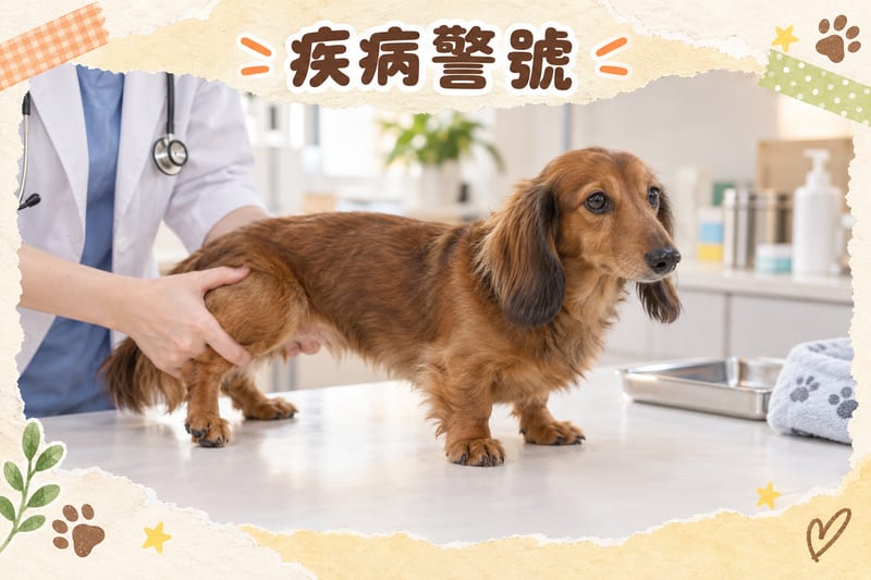 Veterinarian and owner reviewing a senior dachshund's back examination results, professional and reassuring scene